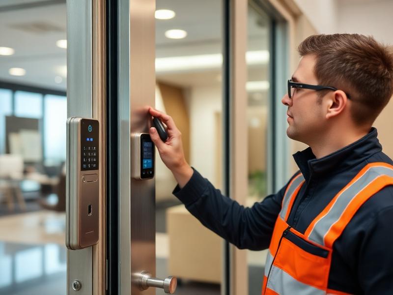 Engineer installing access control card reader in Bristol office